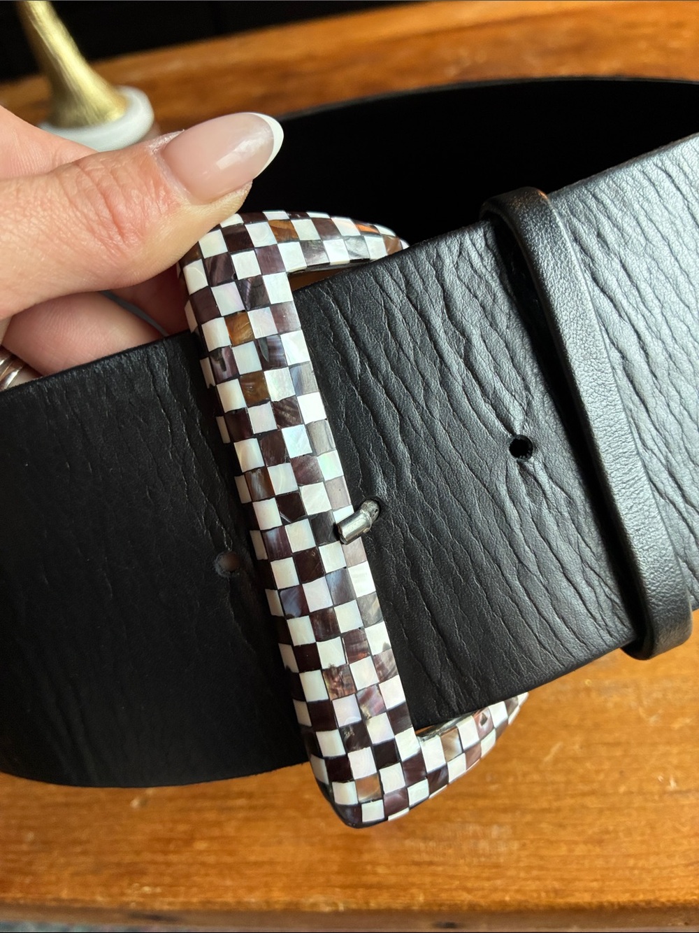 Suzi Roher Checkerboard Mother of Pearl Leather Belt, size M